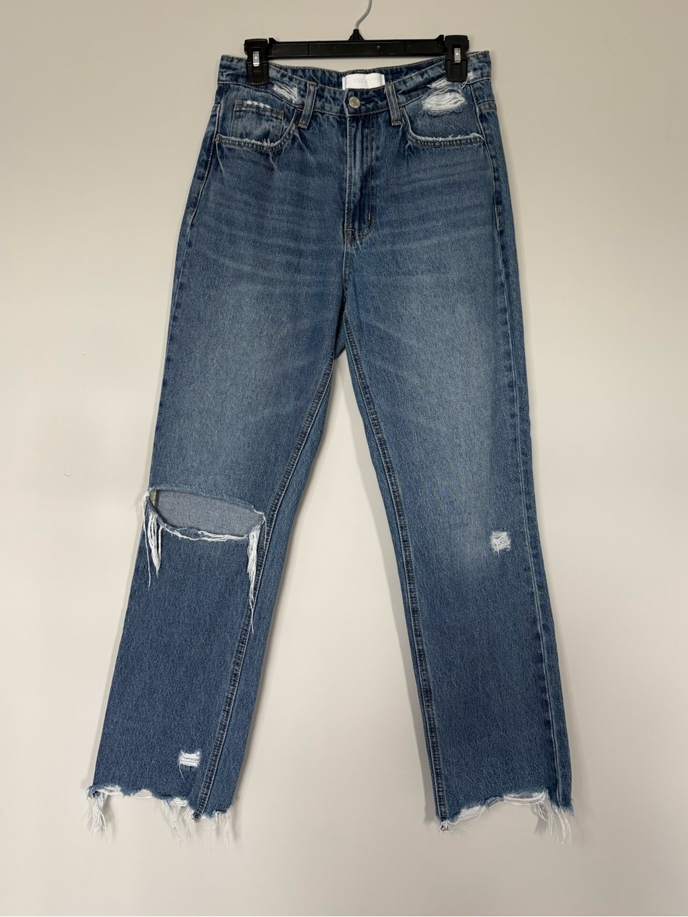 Vervet Women’s High Waisted Blue Denim Jeans Distressed Fringed Hem 100% Cotton
